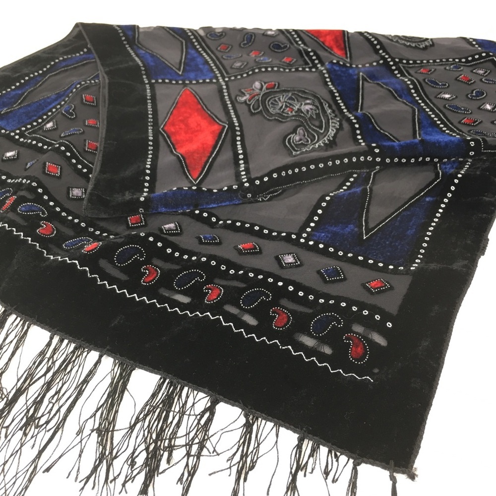 Black Velvet Burnout Paisley Silk-Blend Shawl Scarf Wrap Red & Blue Diamonds